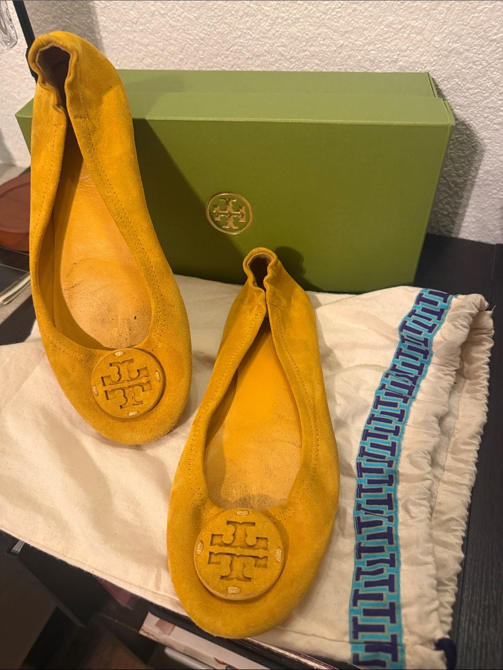 Tory Burch Mustard Yellow Suede Logo Ballet Flats